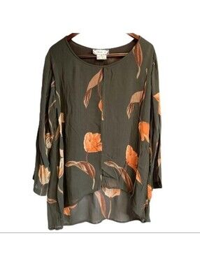 Marisol Blouse Womens Large Olive Green Floral High Low Rayon Vintage Tunic Top